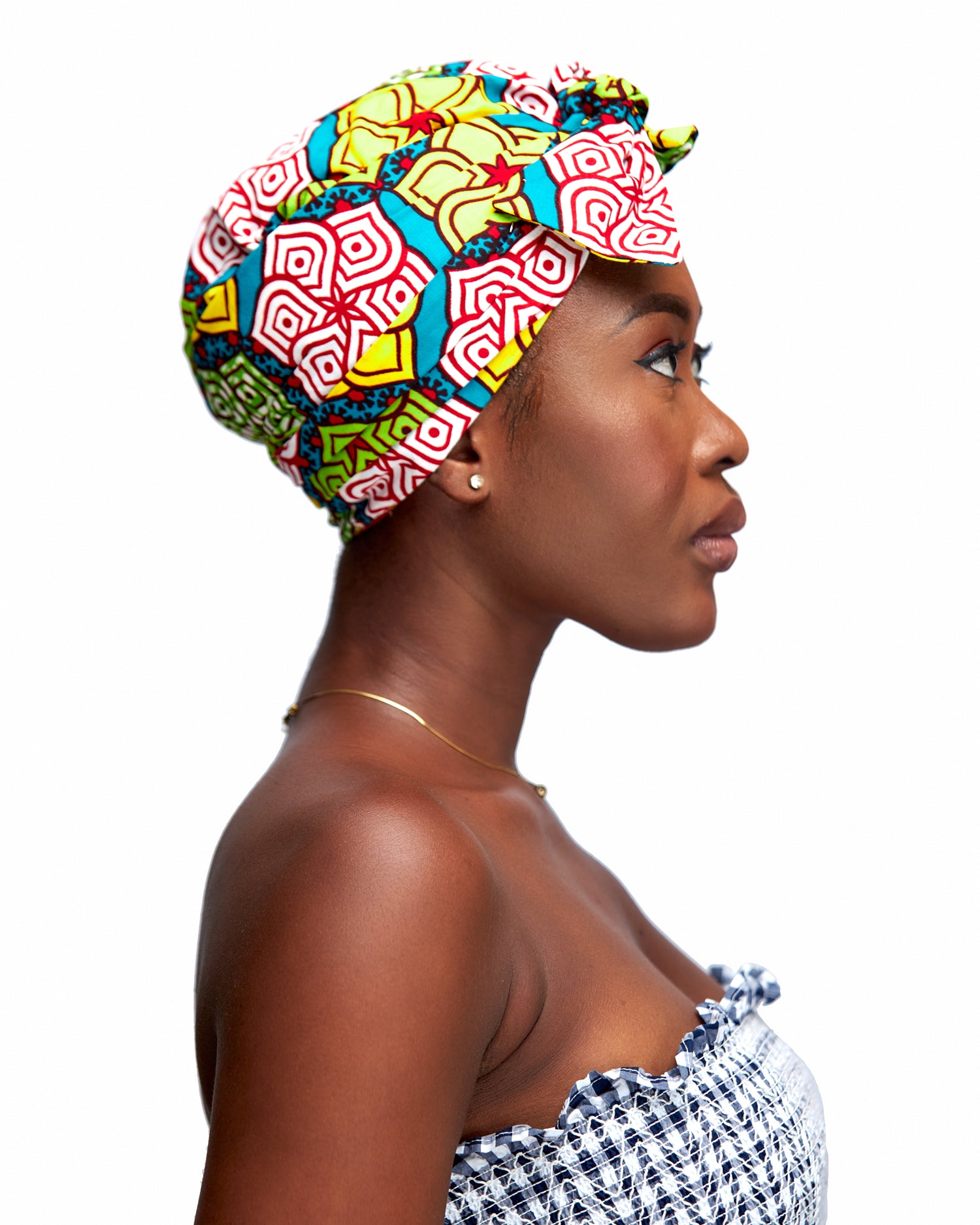 Ankara Wax Print Made of Yellow, Red,Green , White And  Blue Blend of Beautiful Colours And Pattern, Hand Made Elastic Silklined Bonnet With Band
