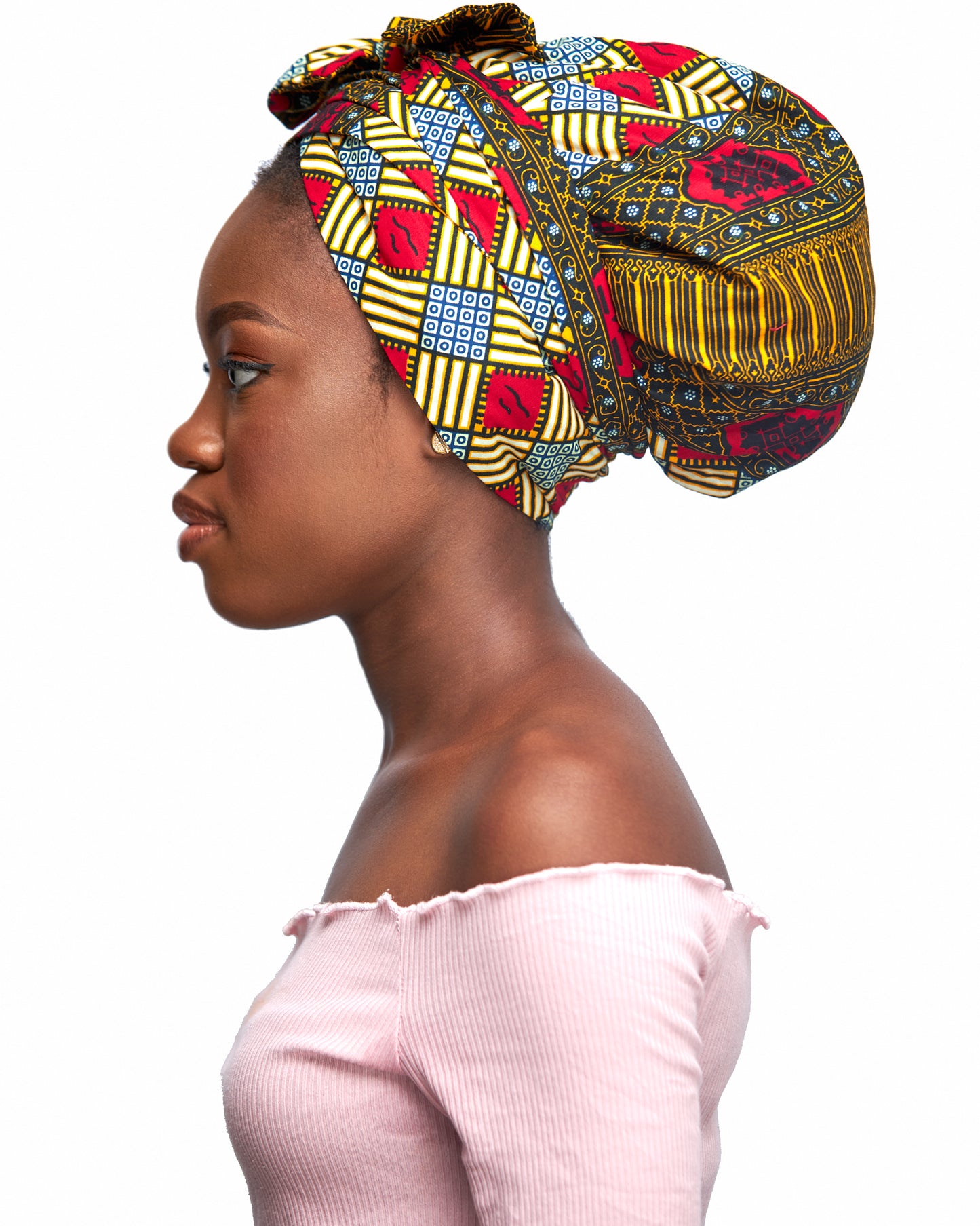 Ankara Wax Print Made of Red, Blue, Gold, And White Blended Beautiful Colours And Pattern, Hand Made Elastic Silklined Bonnet With Band