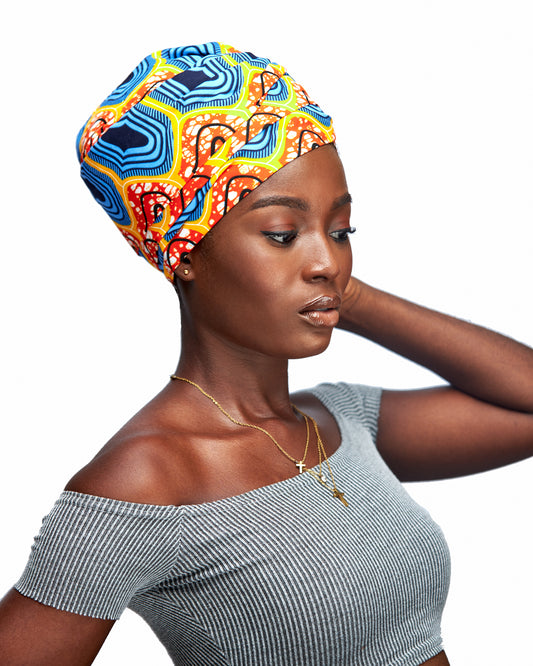 Ankara Wax Print Made of Seablue, Orange, Yellow, White And Black Blend of Beautiful Colours And Pattern, Hand Made Elastic Silklined Bonnet With Band