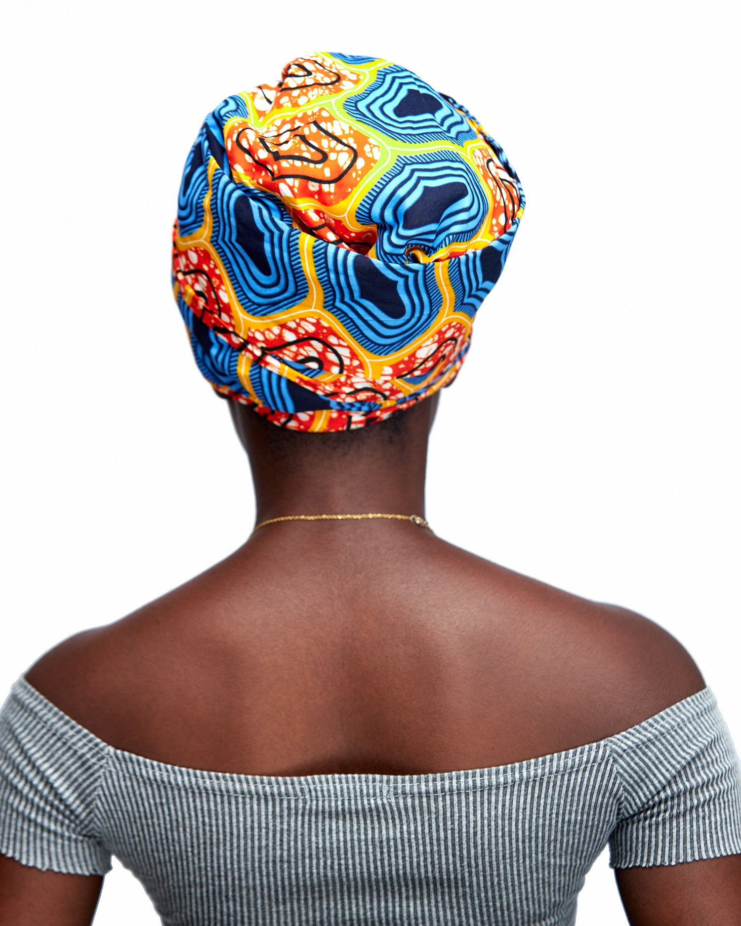 Ankara Wax Print Made of Seablue, Orange, Yellow, White And Black Blend of Beautiful Colours And Pattern, Hand Made Elastic Silklined Bonnet With Band