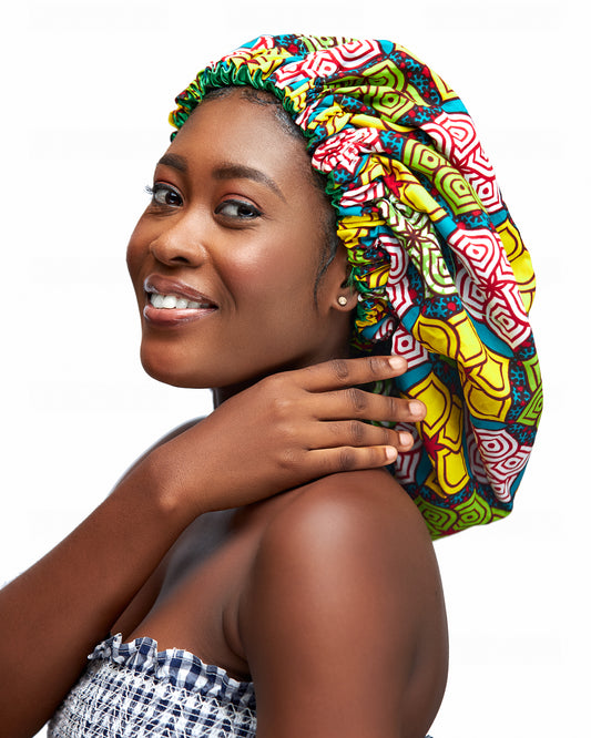 Red, Yellow, Blue And Green Mix Pattern Design Ankara Wax Print With Green Silk Lined Hair Bonnet