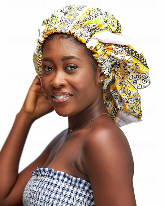 Ankara Wax Print Made of Black White, Yellow Blend of Beautiful Colours And Pattern, Hand Made Elastic With Yellow Silk lined Hair Bonnet