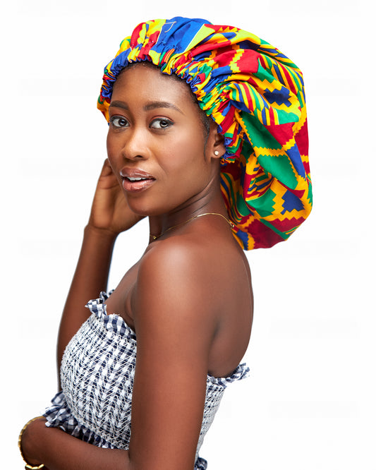Yellow, Blue, Red, And Green Mix Pattern Kente Print With Red Silk Lined Hair Bonnet