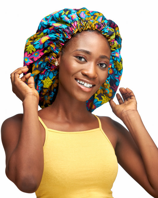 Red, Yellow, Blue , Black , Brown ,Green And Pink Flower Pattern Design Ankara Wax Print With Gold Silk Lined Hair Bonnet