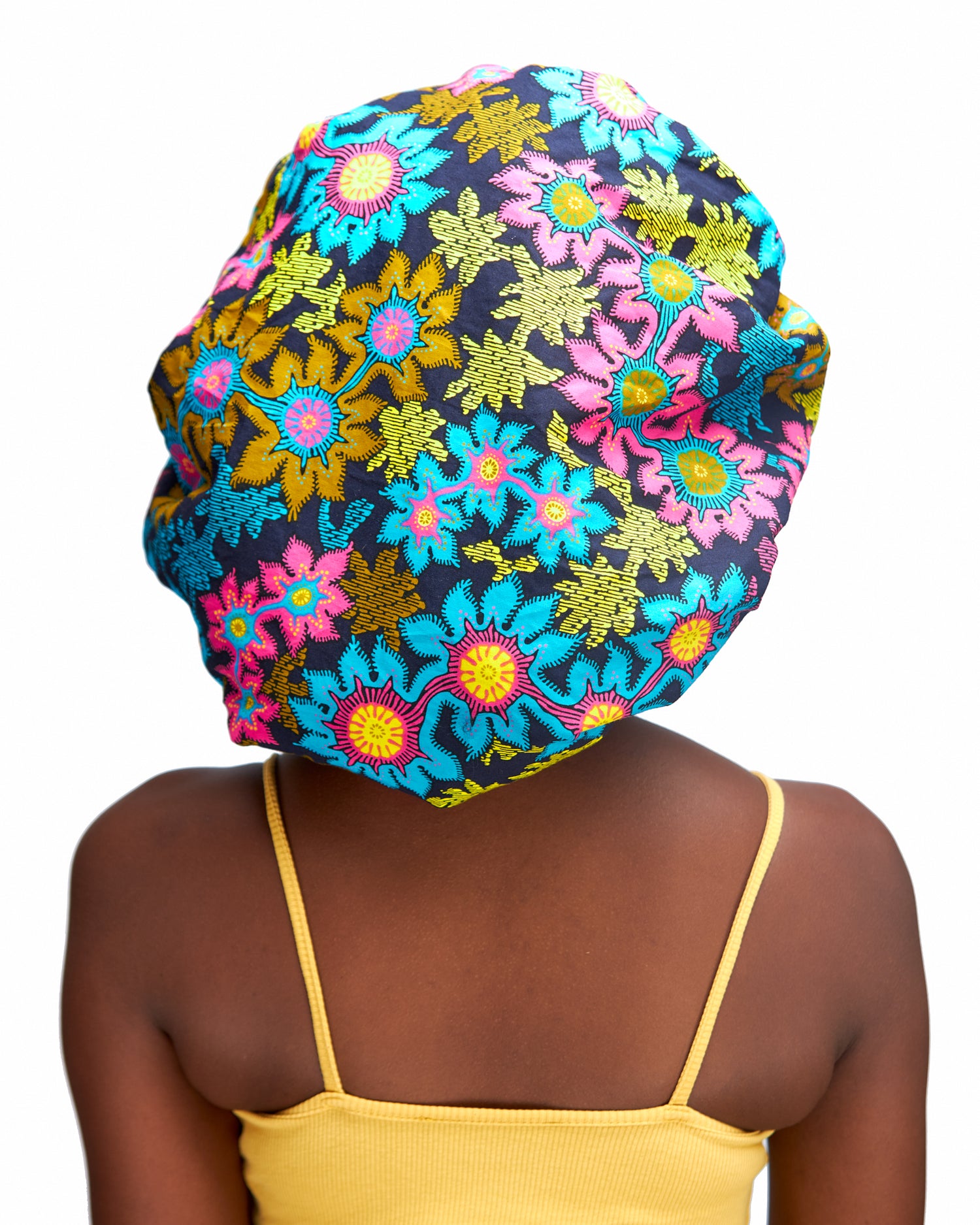 Red, Yellow, Blue , Black , Brown ,Green And Pink Flower Pattern Design Ankara Wax Print With Gold Silk Lined Hair Bonnet