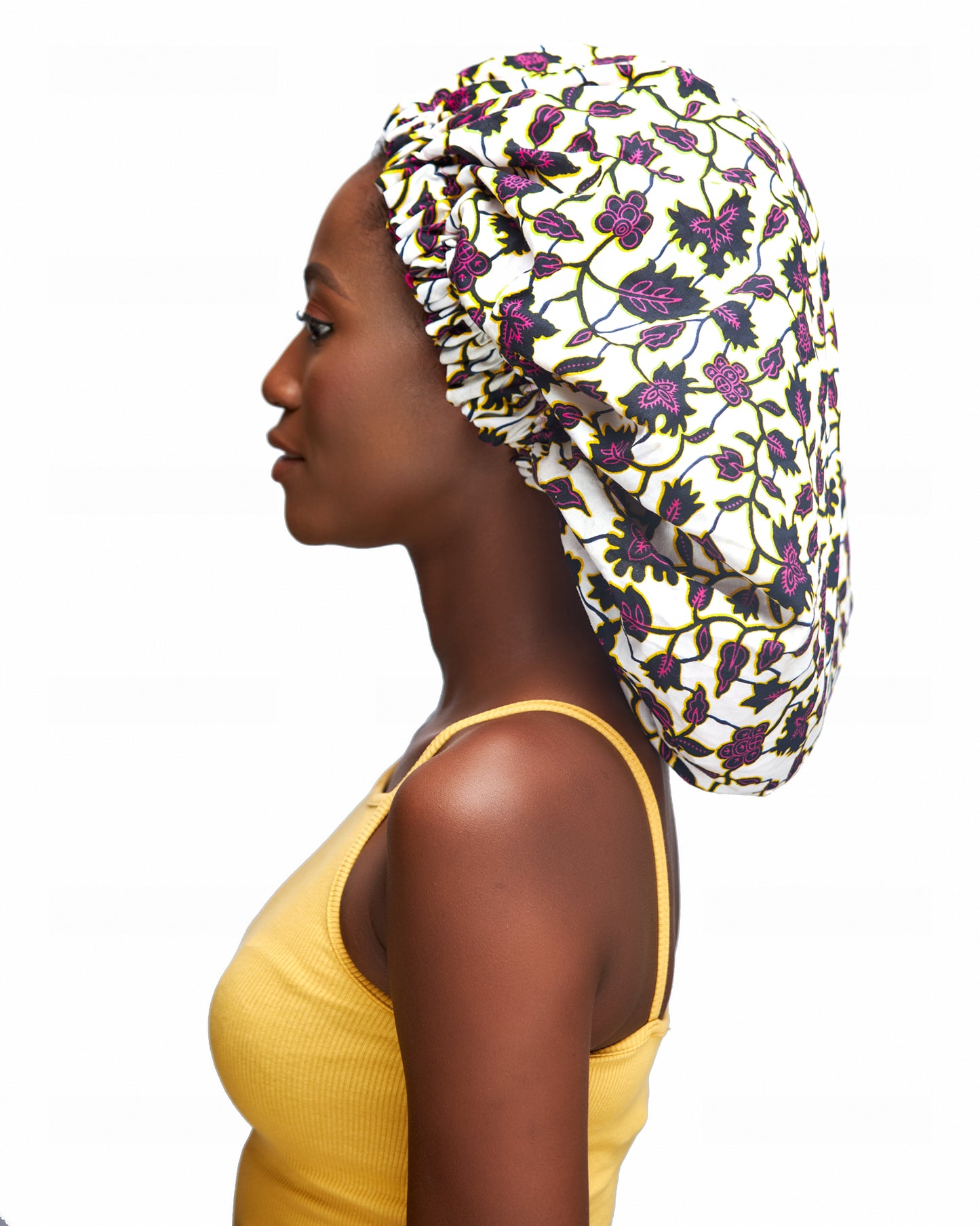 Ankara Wax Print Made of White,Pink Gold And Black Blend of Beautiful Colours And Pattern, Hand Made Elastic With Pink Silk lined Hair Bonnet