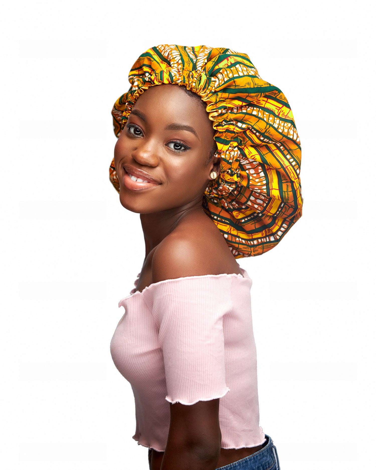 Yellow, Orange And Dotted White Bamboo Pattern Ankara Wax Print With Yellow Silk Lined Hair Bonnet