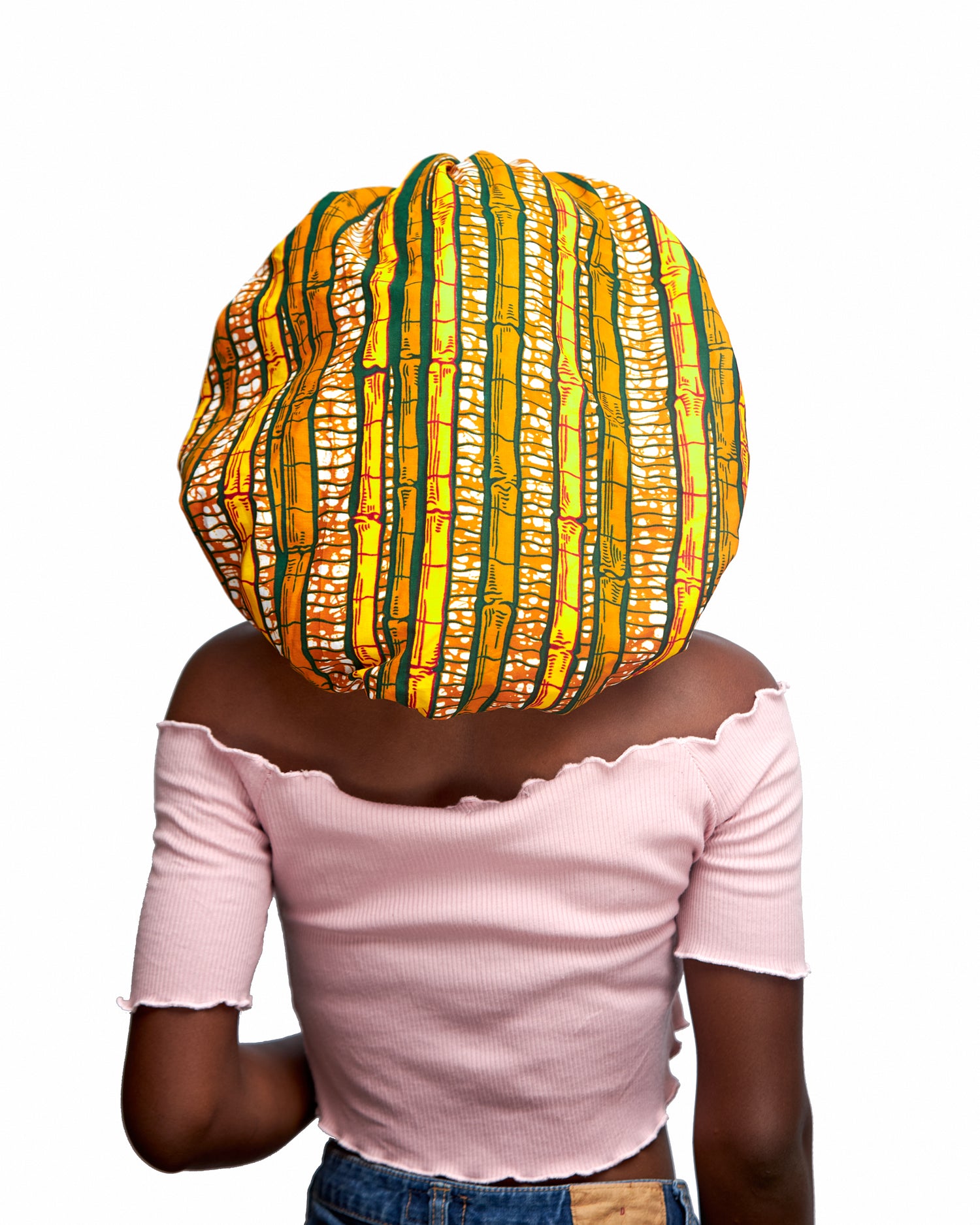 Yellow, Orange And Dotted White Bamboo Pattern Ankara Wax Print With Yellow Silk Lined Hair Bonnet