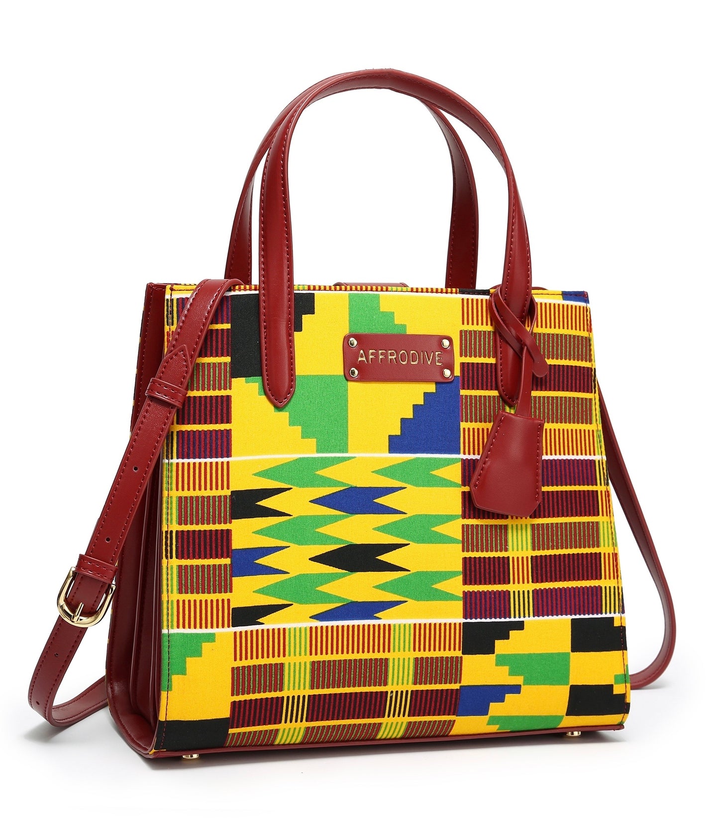 Red, gold, green,blue, black, African Kente Print Handbag, Brown Leather Handle, zipper, Spacious Easy to Handle African Print Handbag