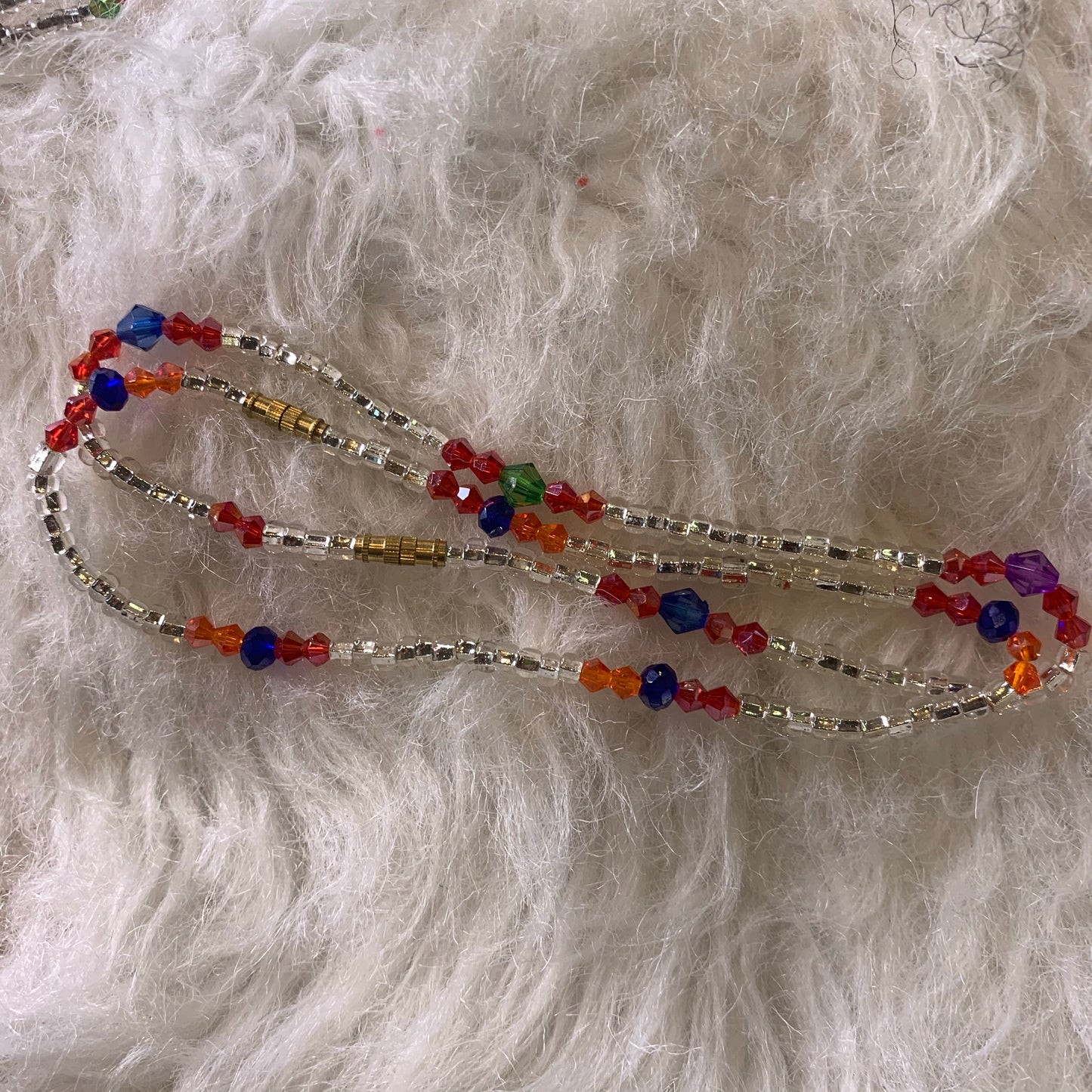 9 Inches Silver Glass Beads With Red, Orange, blue And Green Pebble Bar Removable Screws Anklet