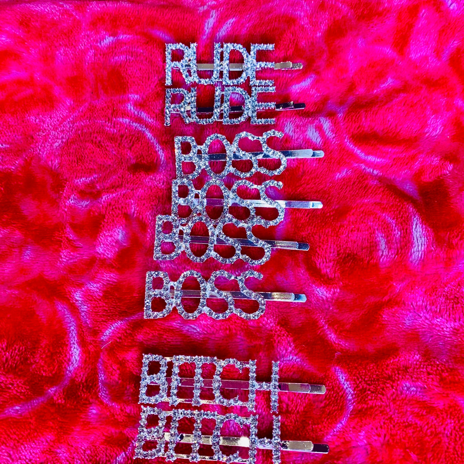 Words Hair Clip ; Boss Rhinestone Silver Hair Clip, Bitch Rhinestone Silver Hair Clip And Rude Rhinestone Silver Hair Clip 